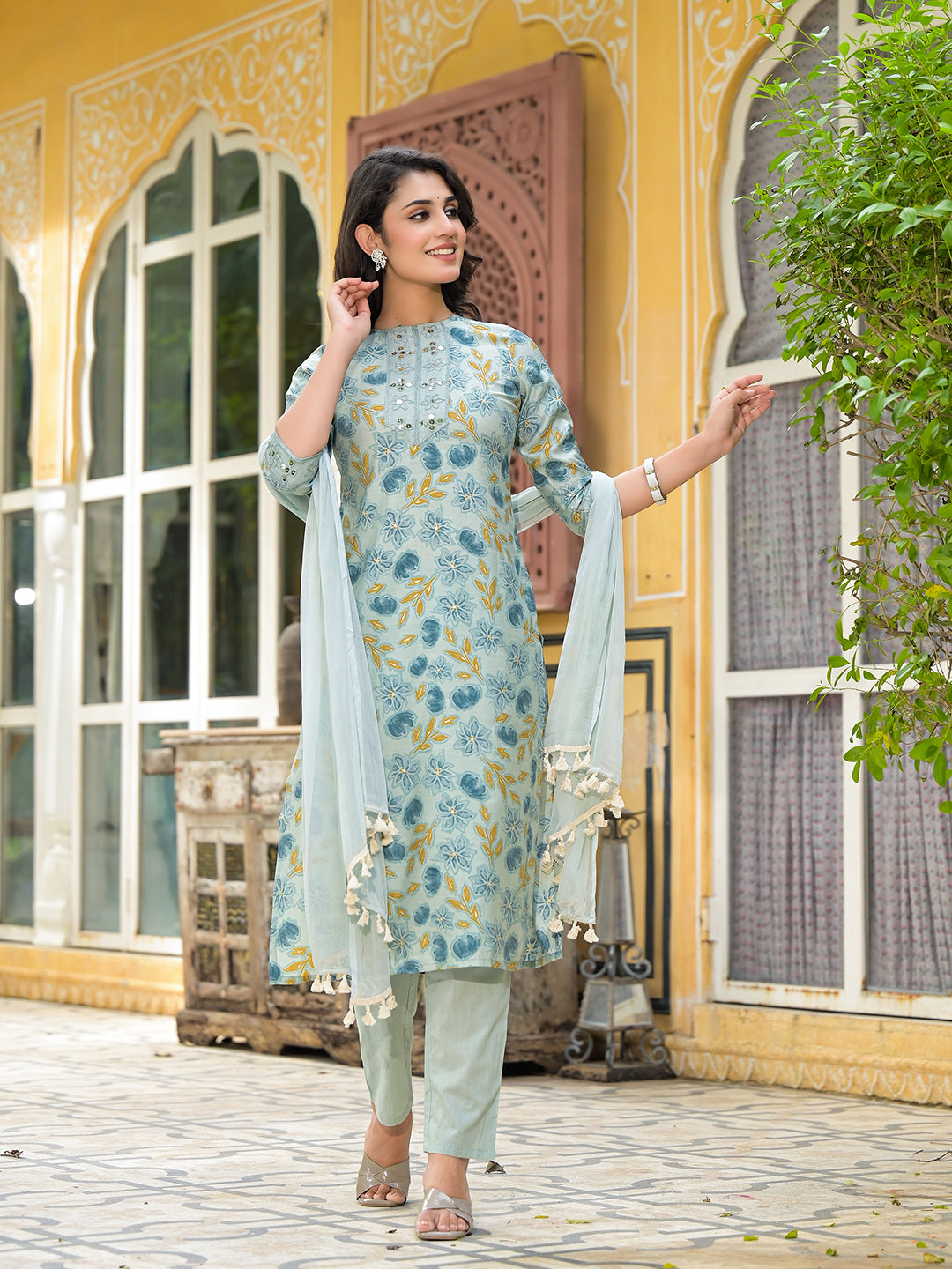 Dusty Blue Floral Kurta Set With Dupatta