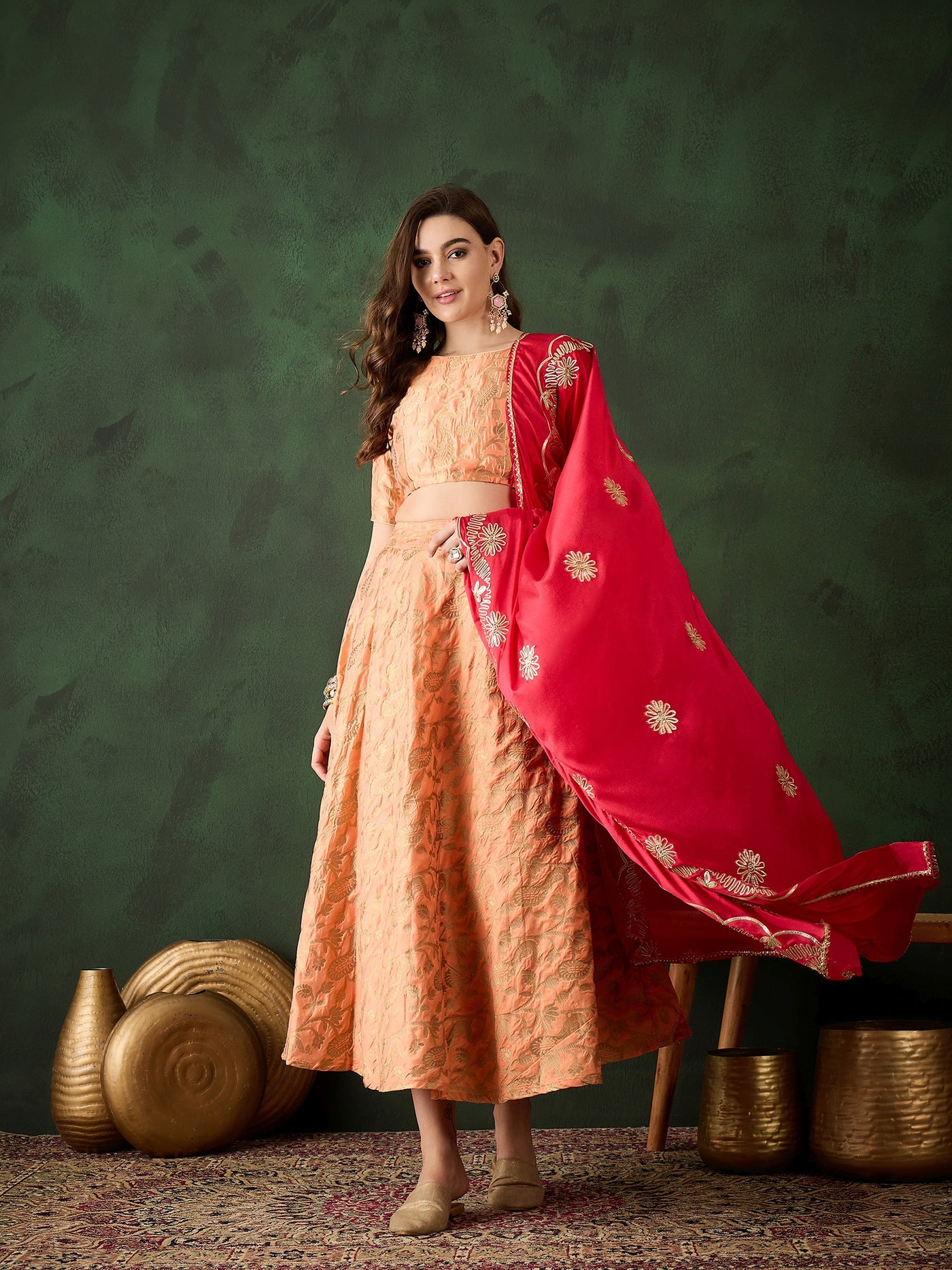 Peach Jacquard Lehenga Choli With Dupatta