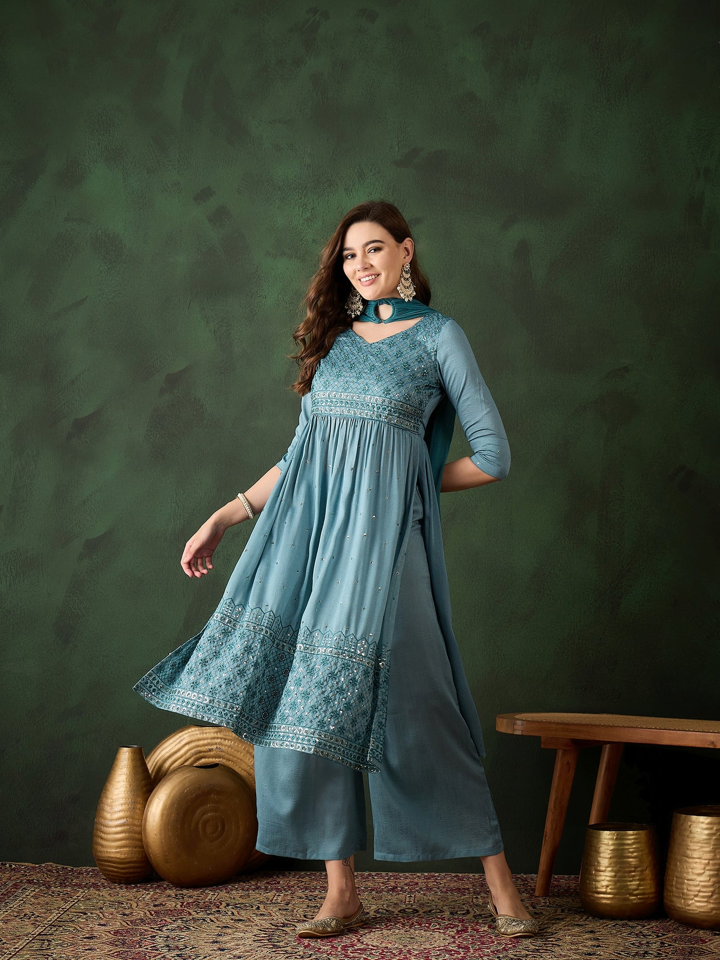 Blue Embroidered Nyra-Cut Kurta Palazzo With Dupatta