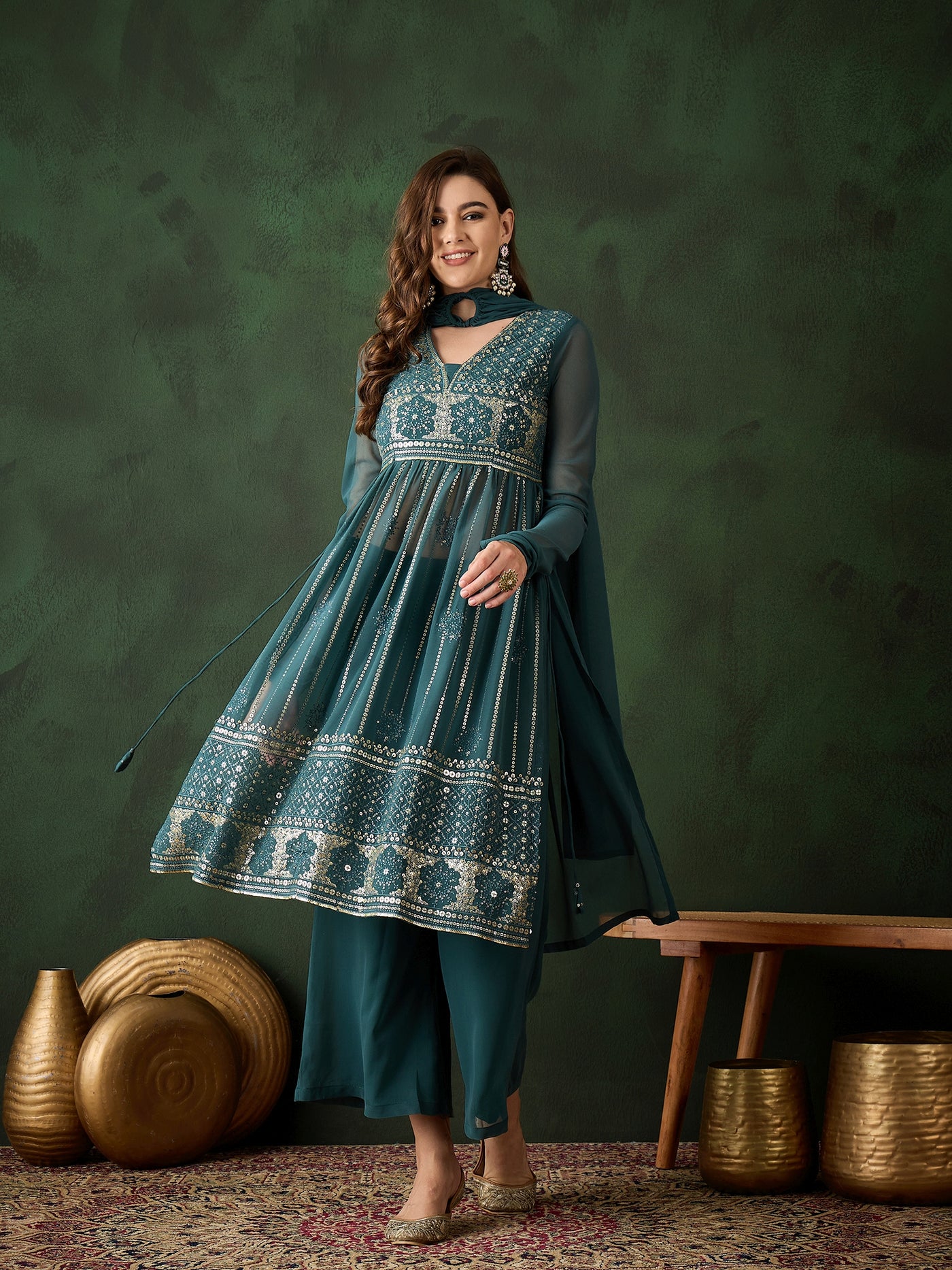 Teal Embroidered Nyra-Cut Kurta Palazzo With Dupatta