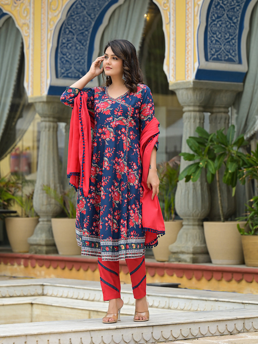 Navy Blue Floral Print Anarkali Pant With Dupatta