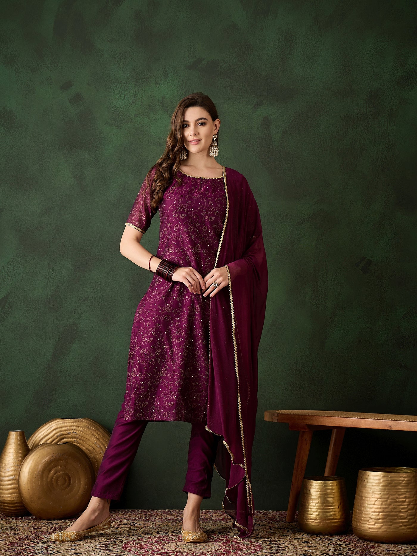 Purple Gold Print Kurta Pant With Dupatta