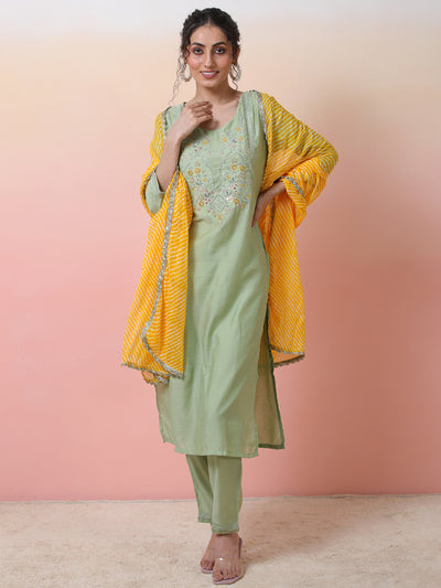 Pastel Green Embroidered Kurta Pant With Dupatta