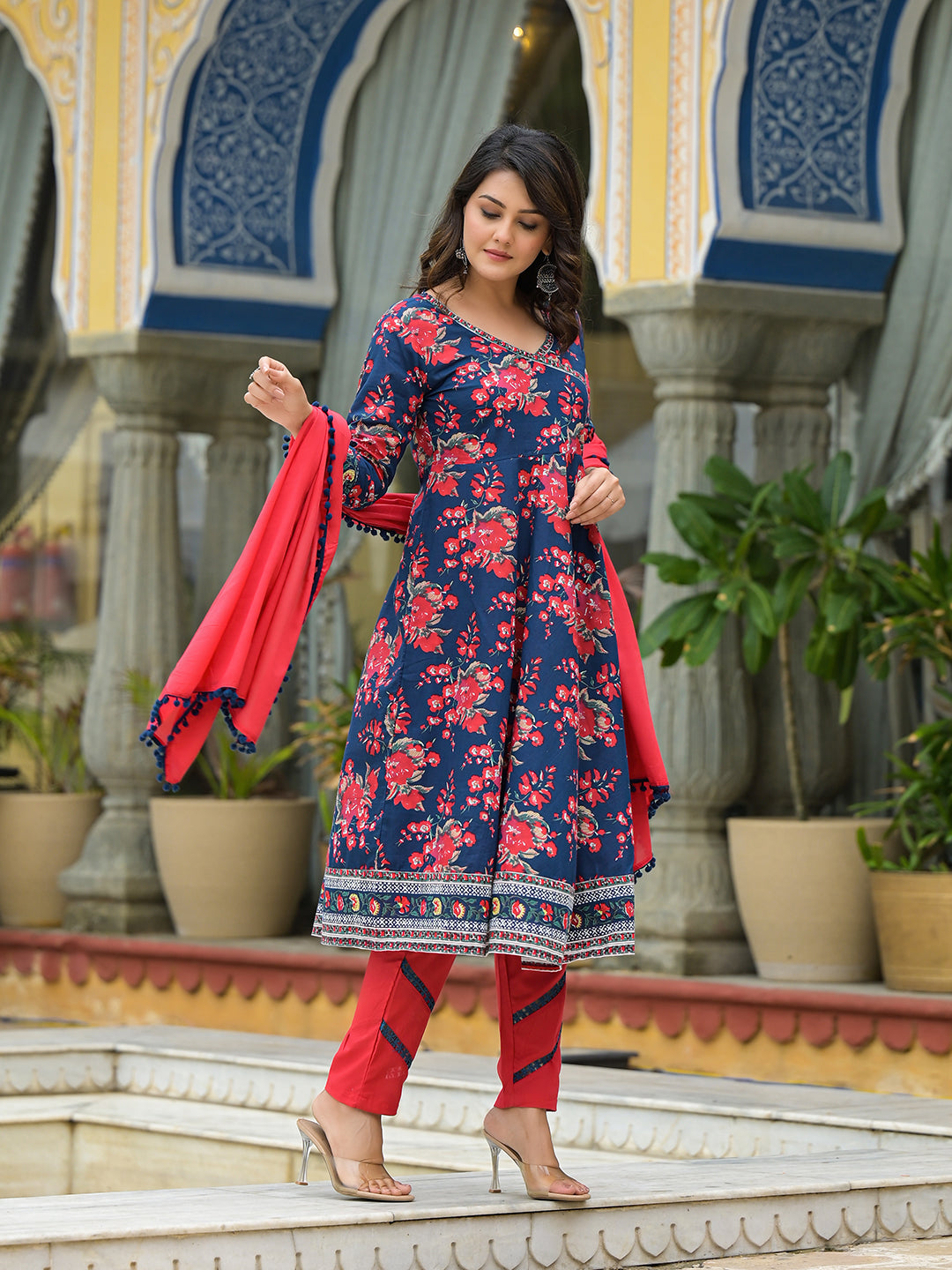 Navy Blue Floral Print Anarkali Pant With Dupatta