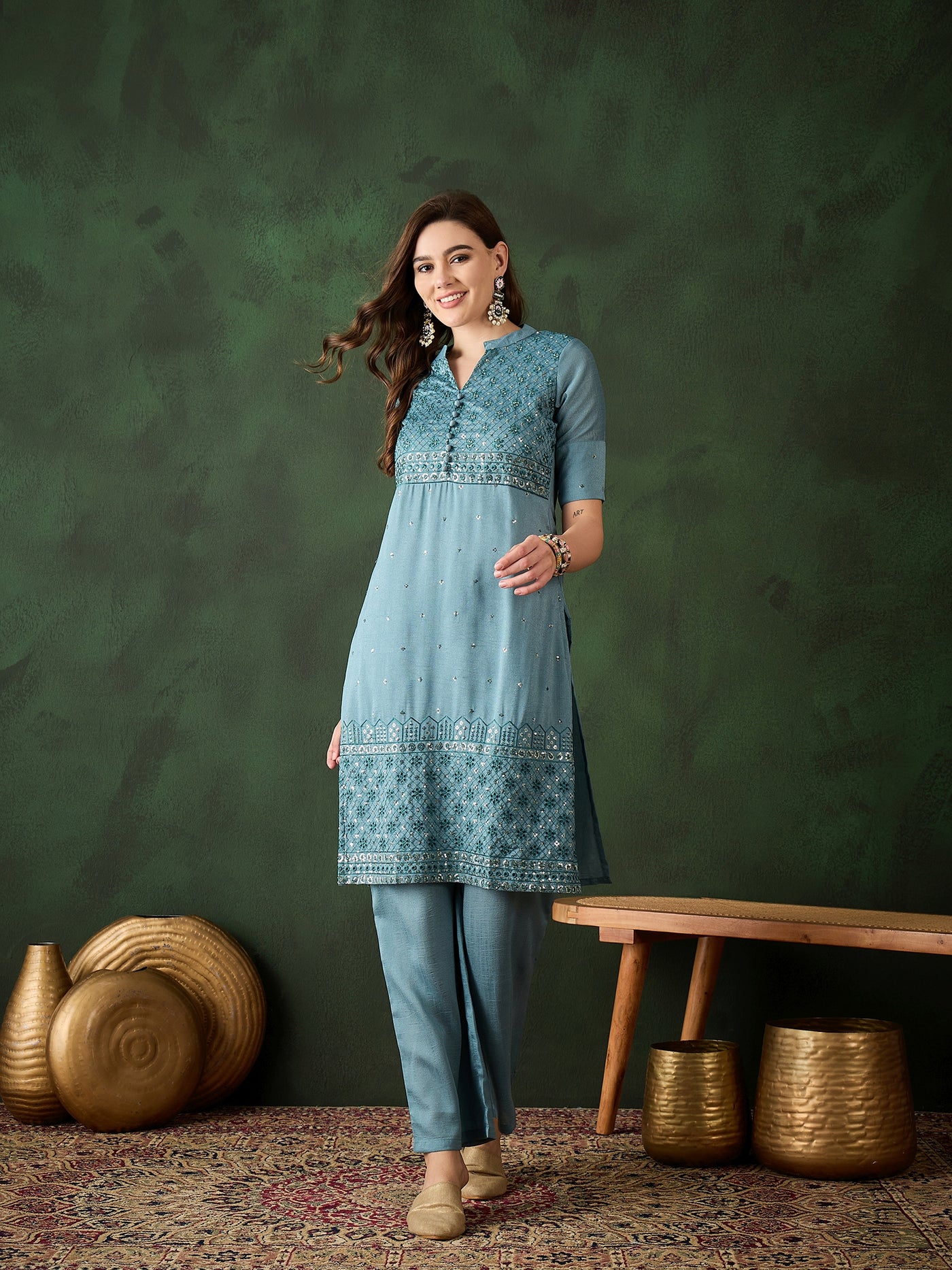 Blue Embroidered Kurta With Palazzo