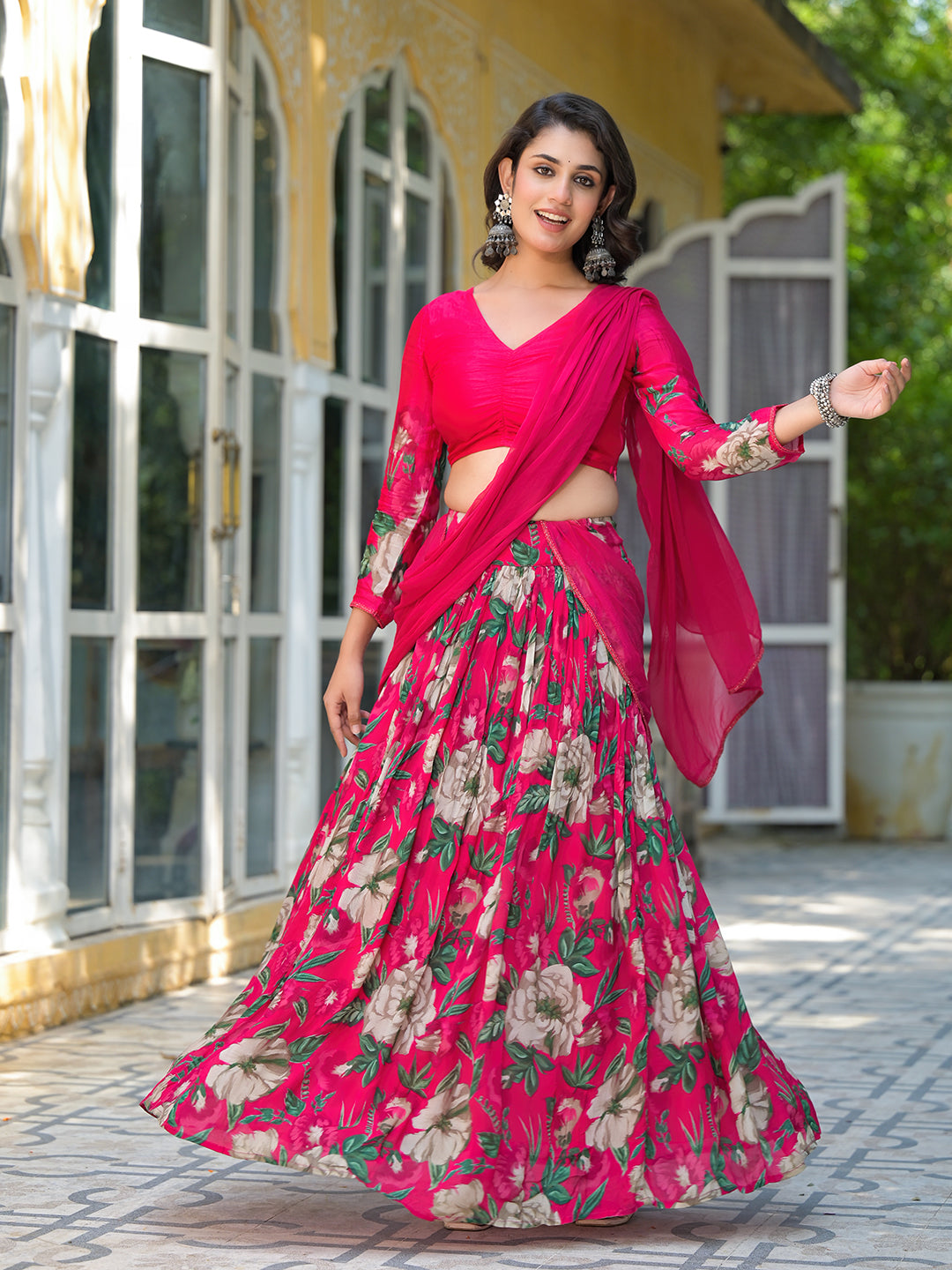 Magenta Floral Print Chinnon Lehenga Choli