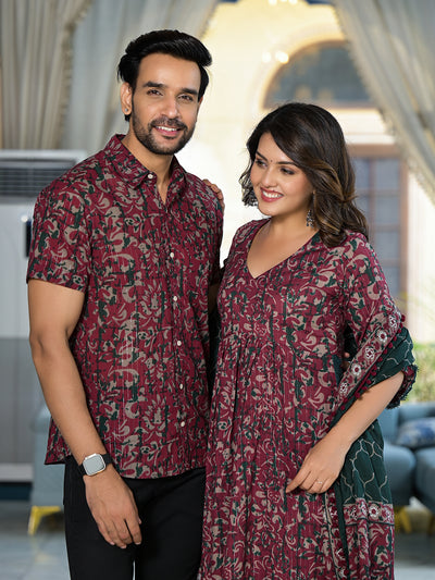 Maroon floral print Couple Combo Set