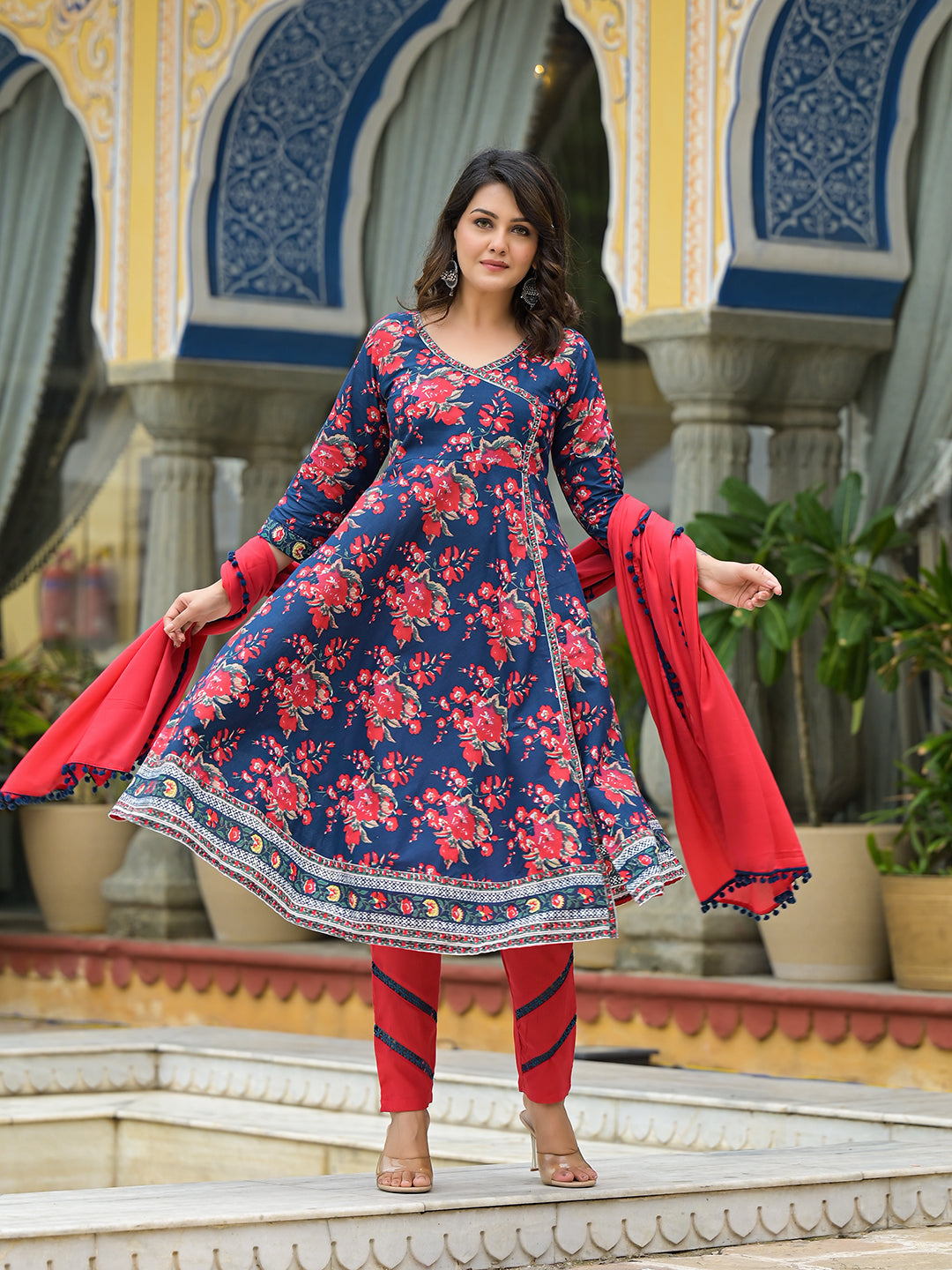 Navy Blue Floral Print Anarkali Pant With Dupatta