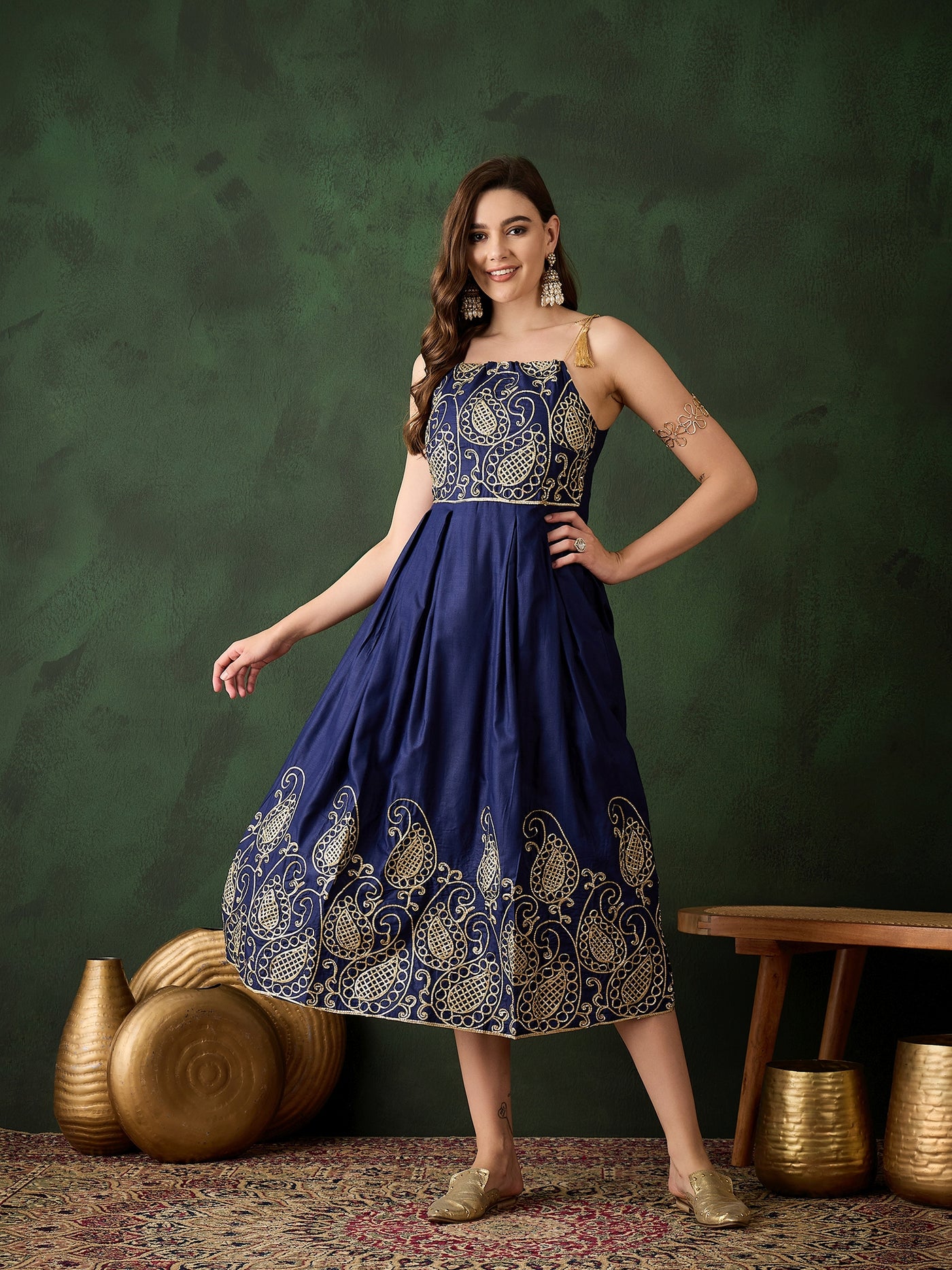 Navy Blue Embroidered Flared Maxi Dress