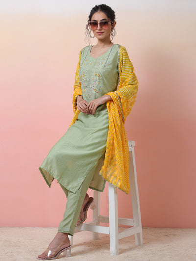 Pastel Green Embroidered Kurta Pant With Dupatta