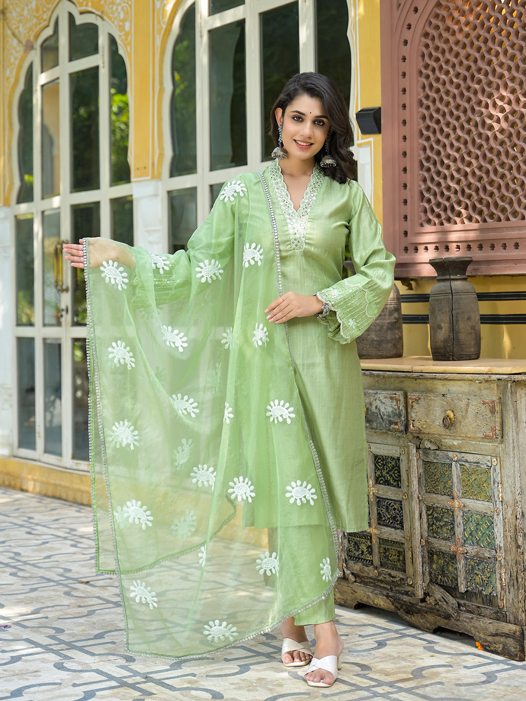 Mint Green Embroidered Pakistani Kurta Set With Embroidered Dupatta