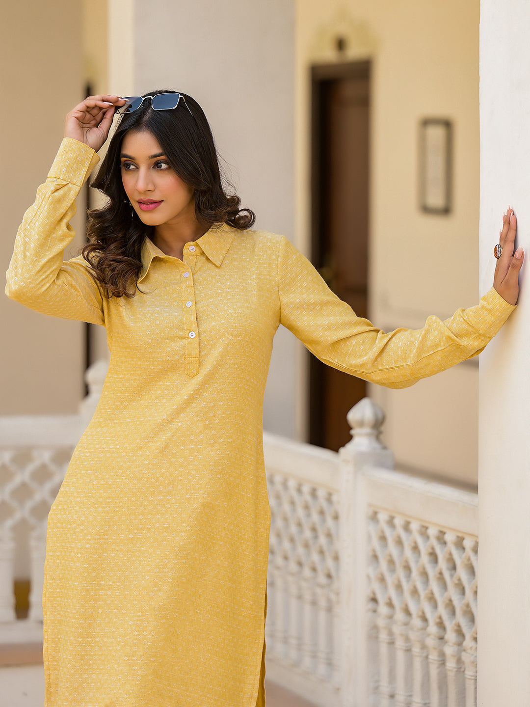 Yellow Pathani Kurta Palazzo Set