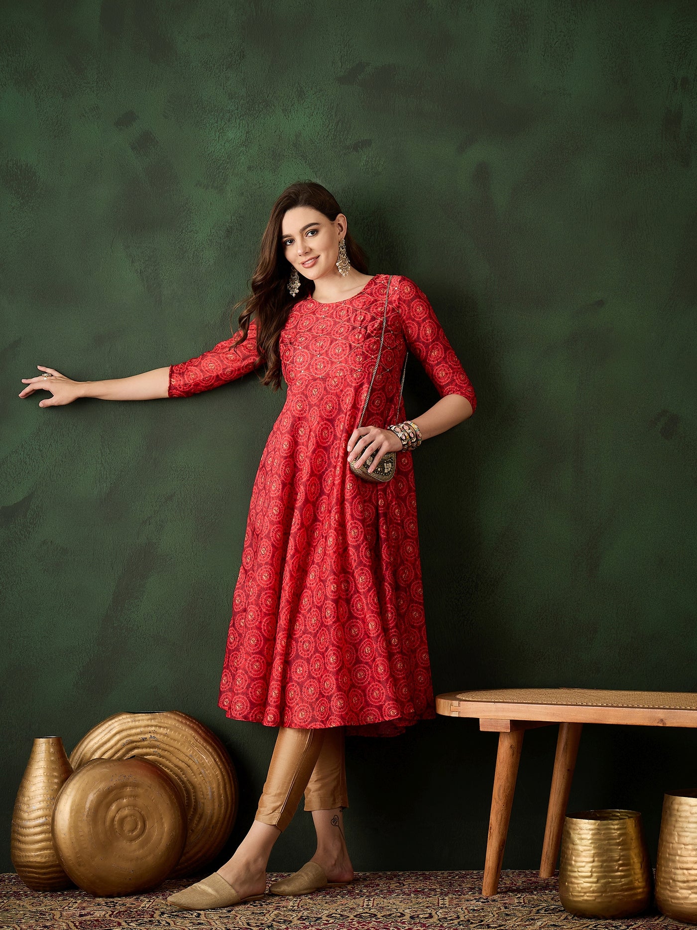 Red Geometric Print Anarkali