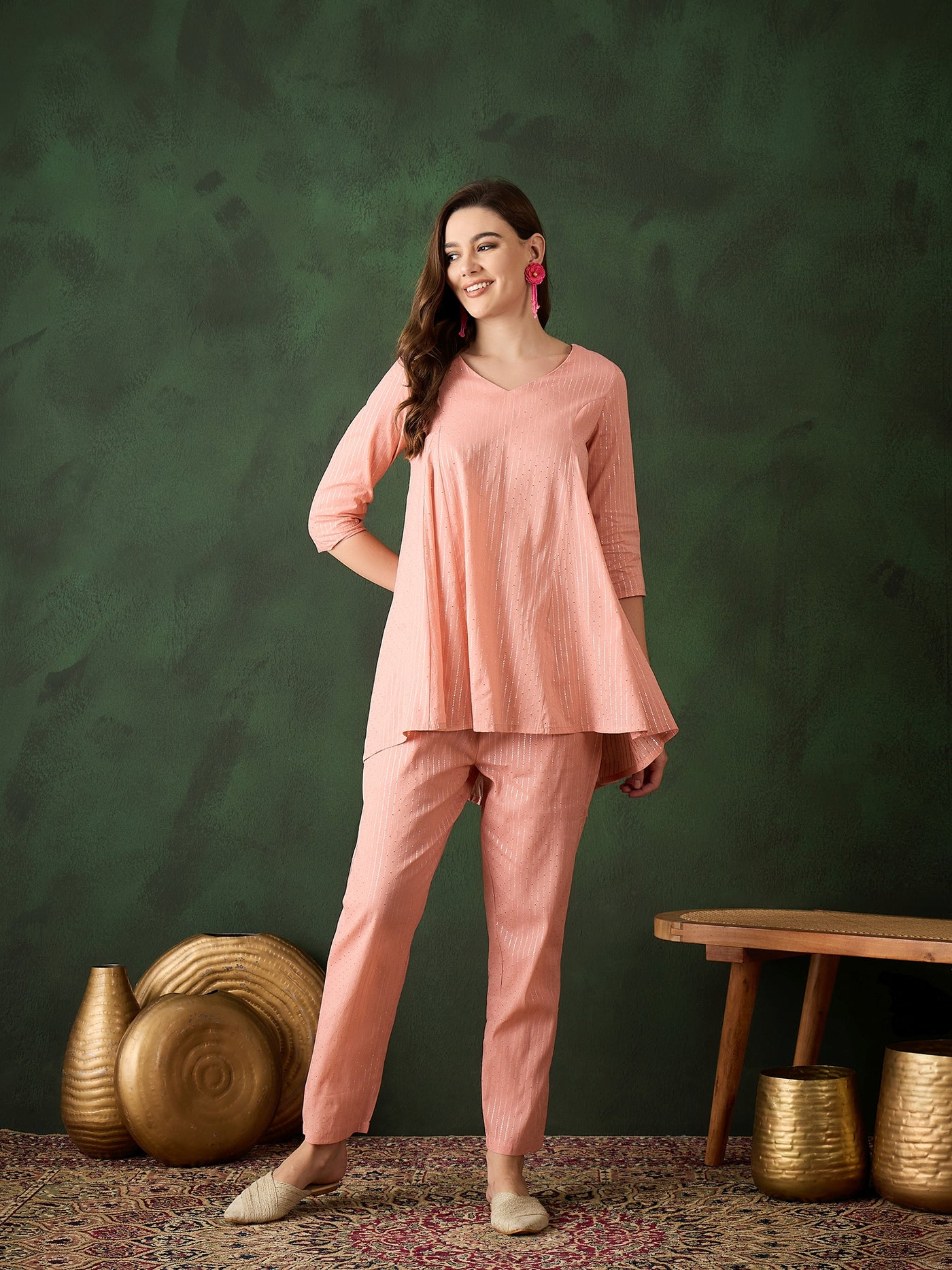 Pink Lurex Designed Flared Co-Ord Set