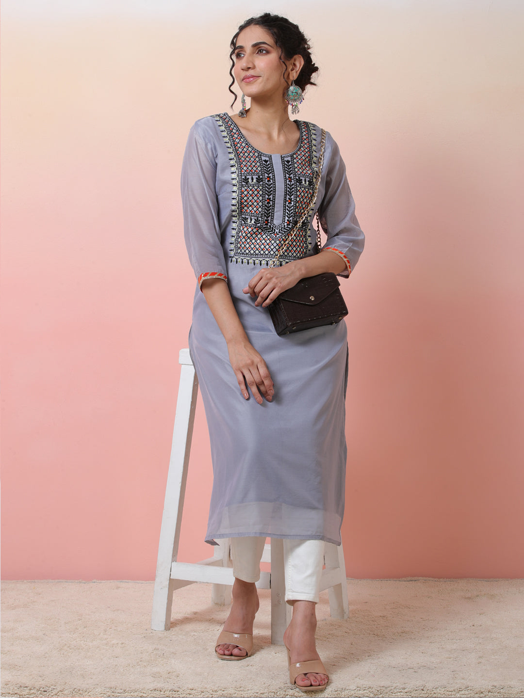 Grey Embroidered Kurta