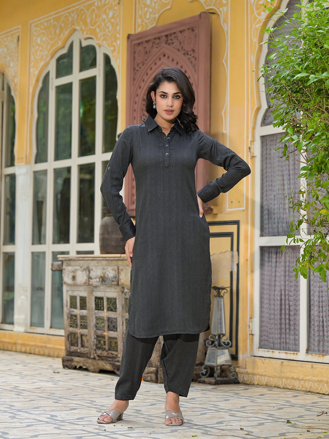 Black Self Design Pathani Kurta