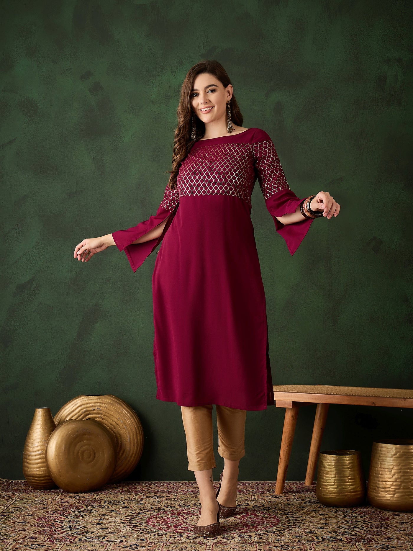 Maroon Gold Foil Print Kurta