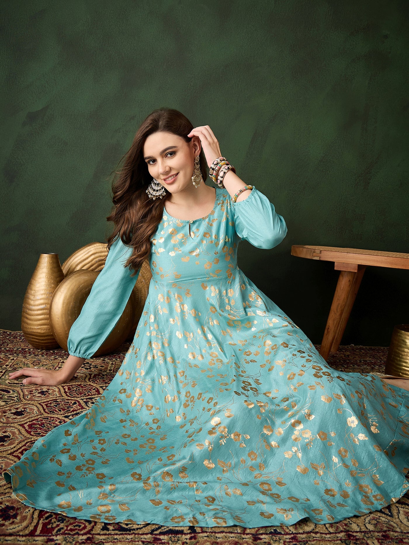 Pastel Blue Foil Print Flared Anarkali