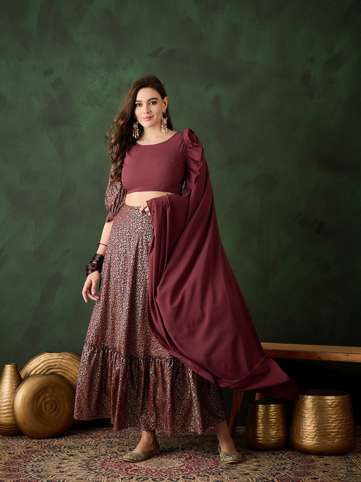 Burgundy Foil Printed Lehenga Choli With Dupatta