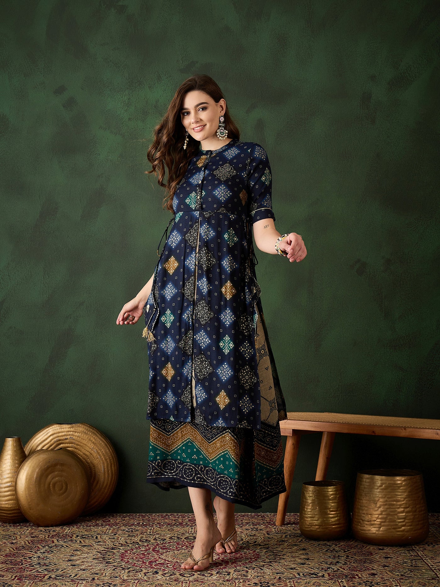 Navy Blue Bandhani Print Layered Maxi Dress