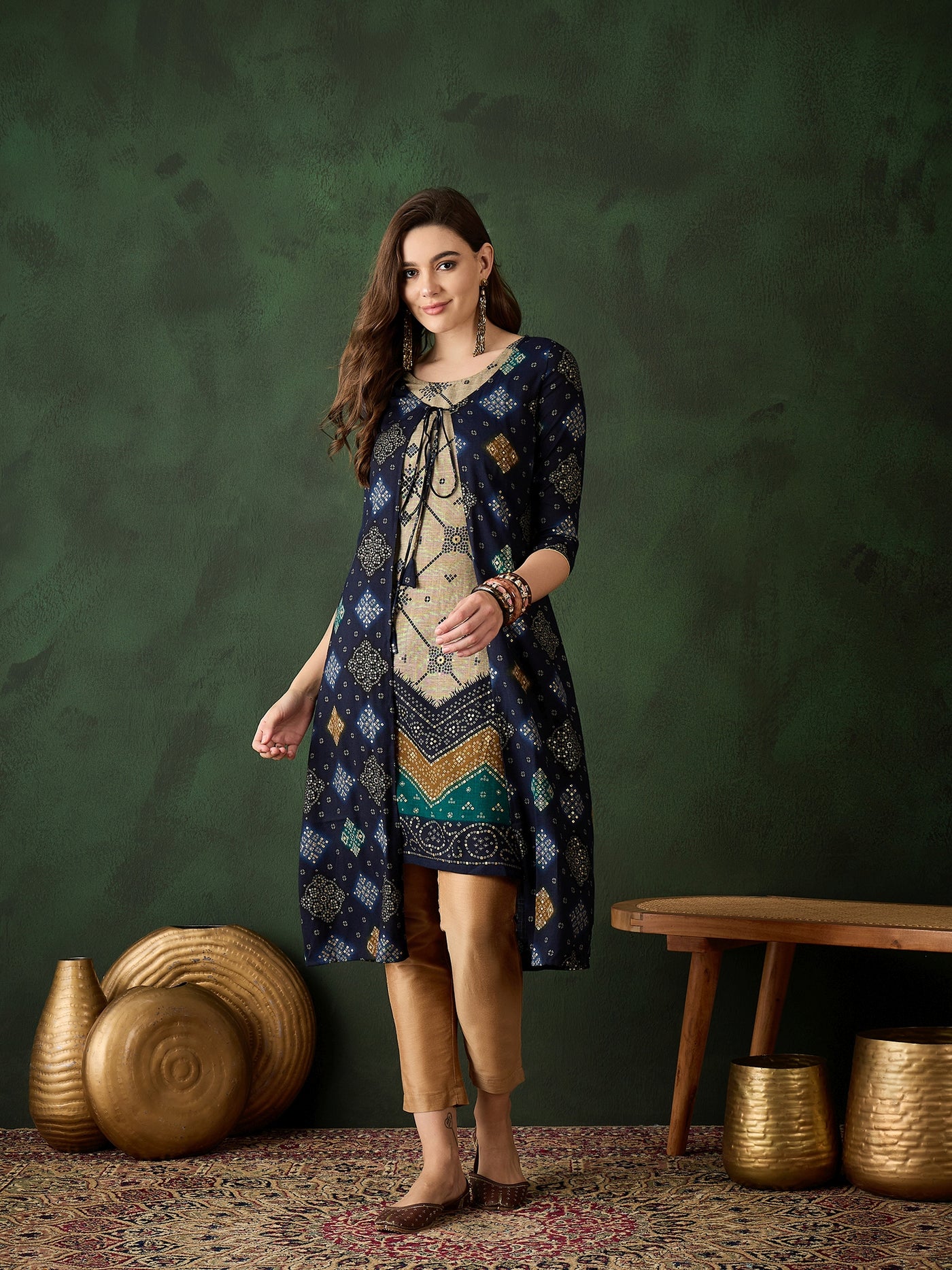 Navy Blue Bandhani Print Kurta With Jacket Set