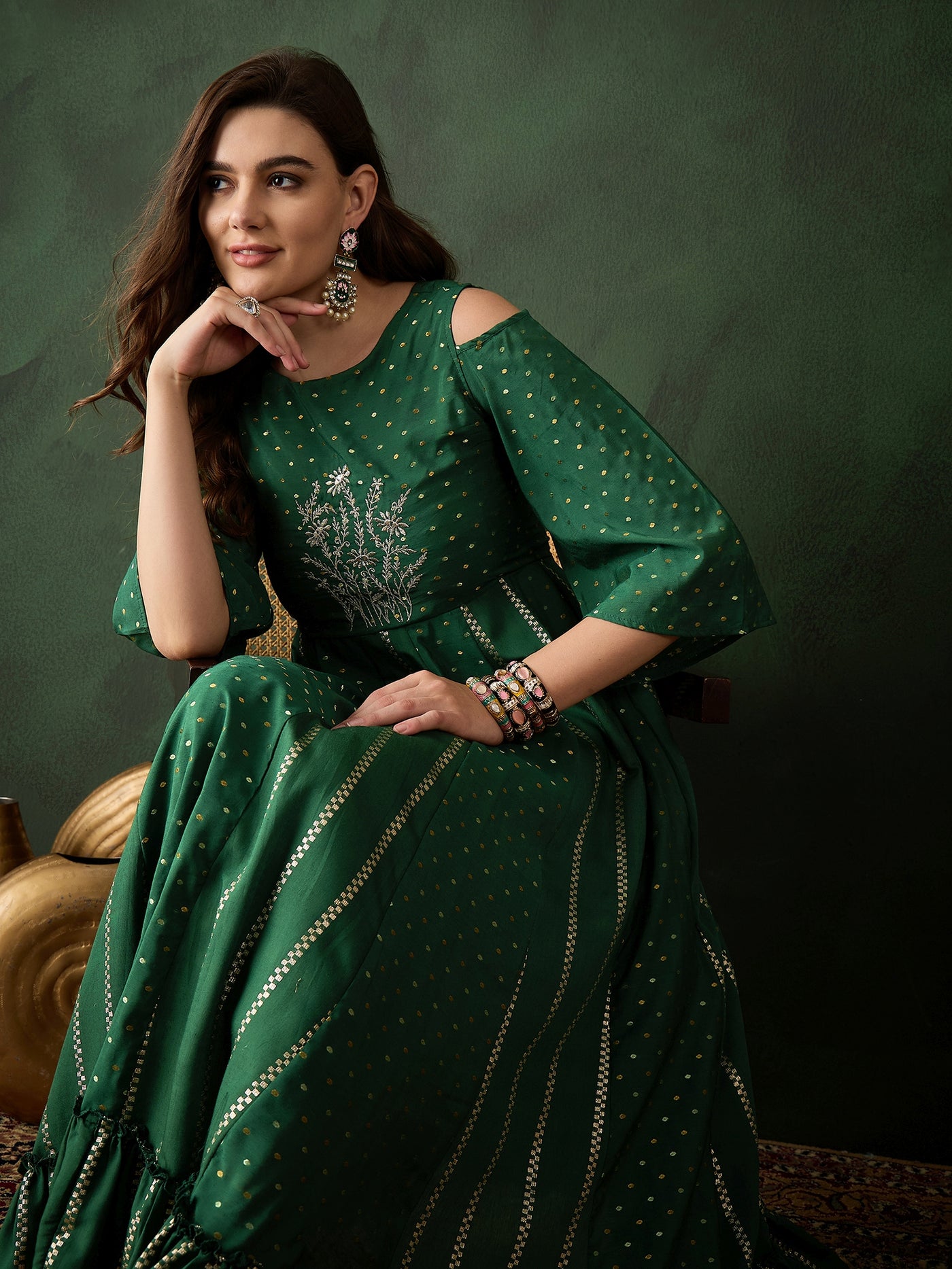 Dark Green Embroidered Flared Maxi Dress