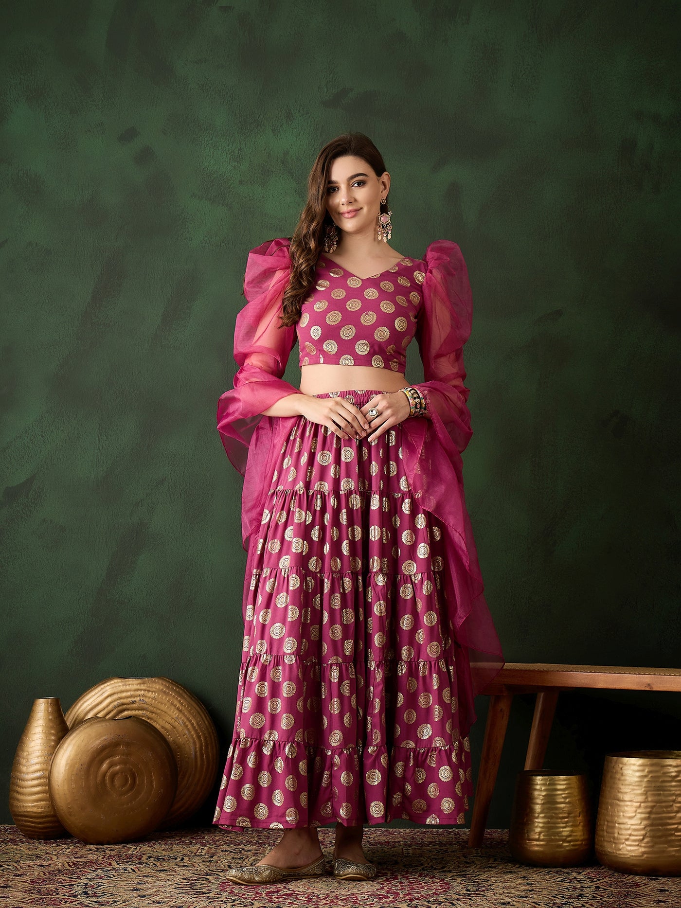 Magenta Foil Print Lehenga Choli With Dupatta