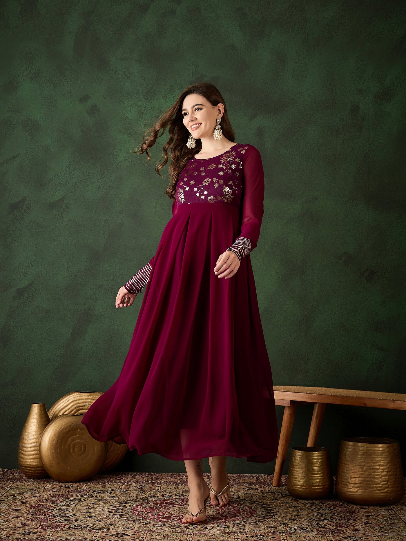 Burgundy Sequence Work Flared Maxi Dress