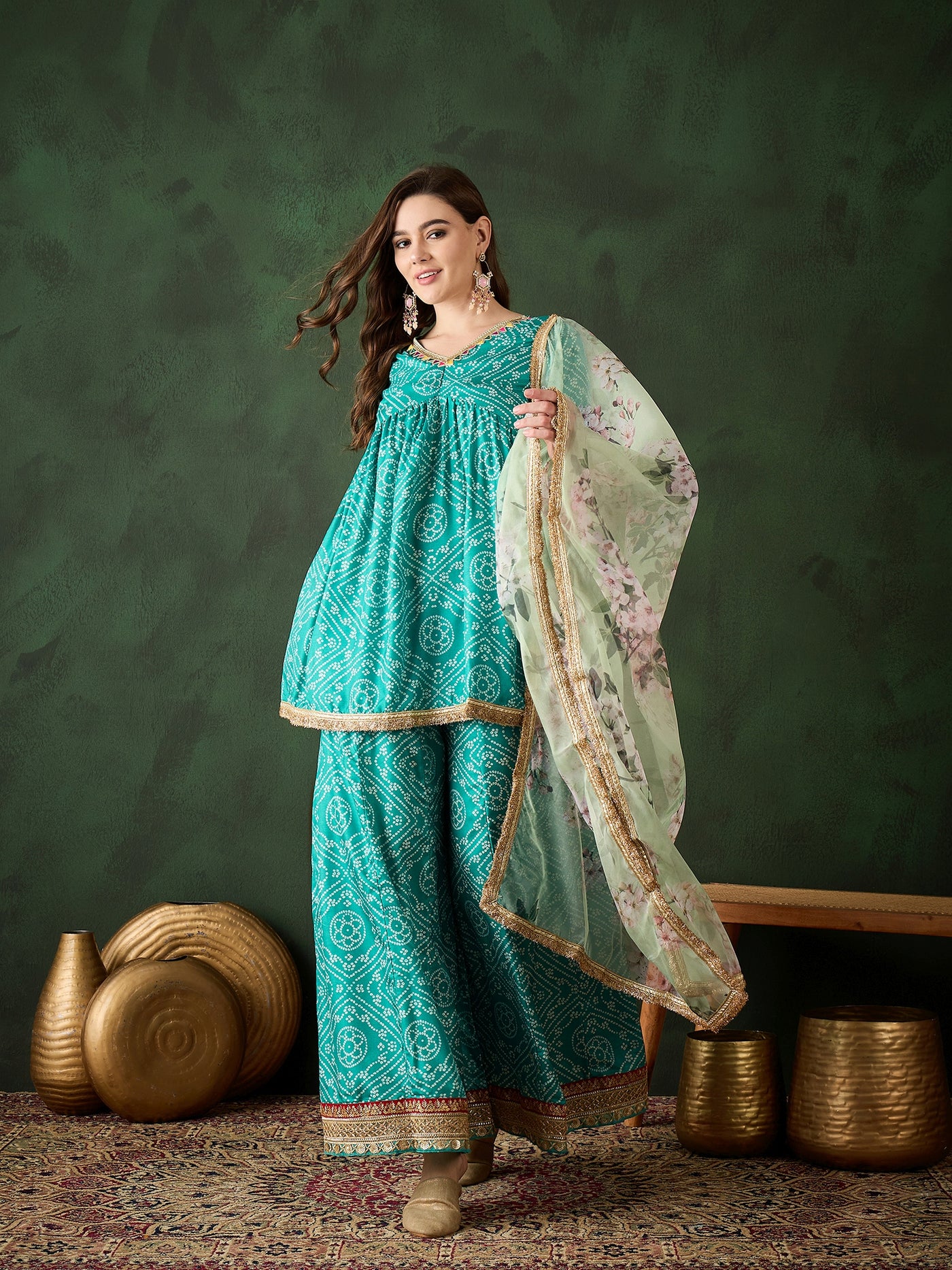 Green Bandhani Print Kurta Sharara With Dupatta