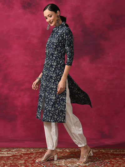 Navy Blue Floral Printed Button Down Kurta