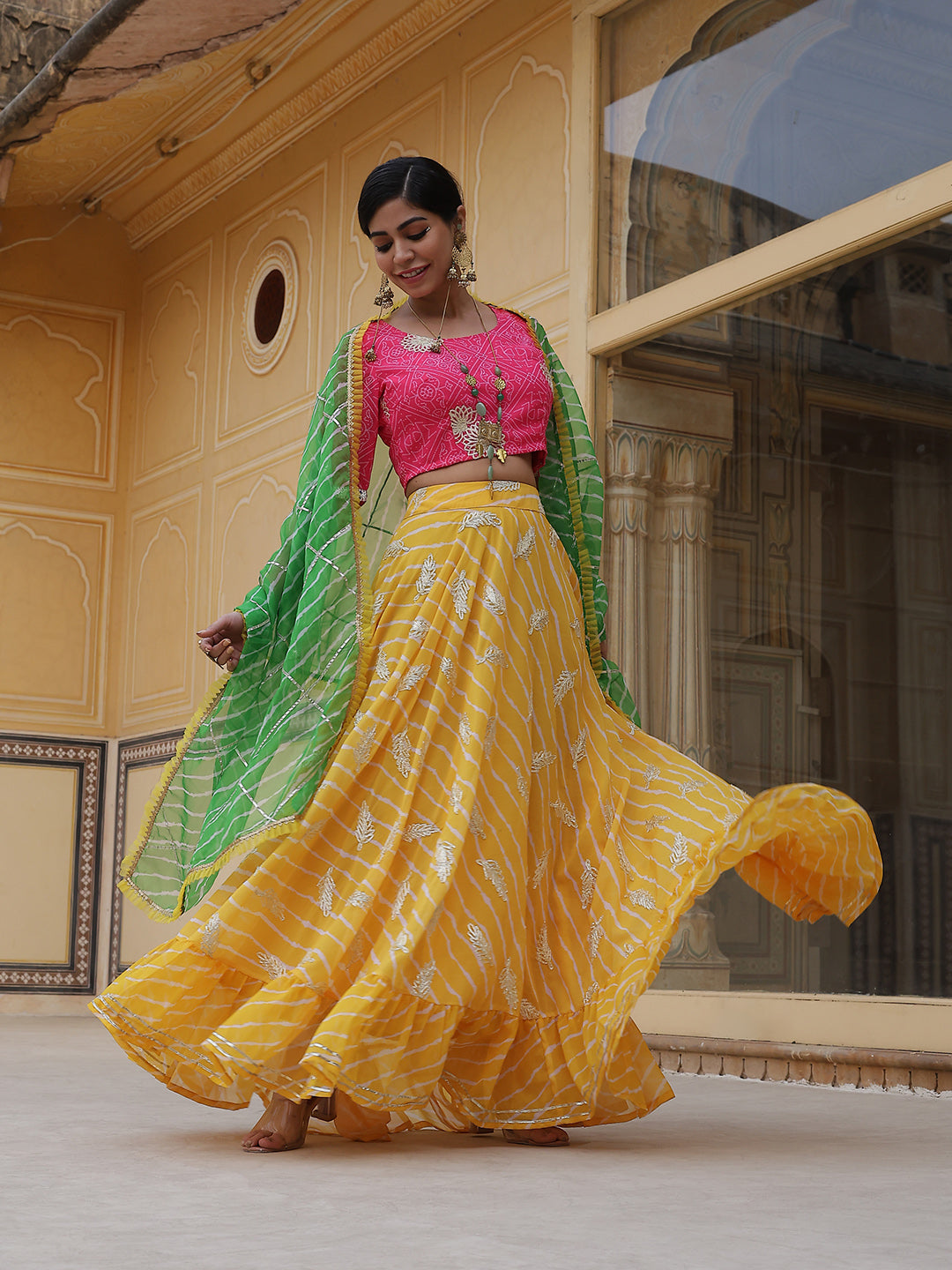 Yellow Leheriya Print Lehenga Choli With Dupatta