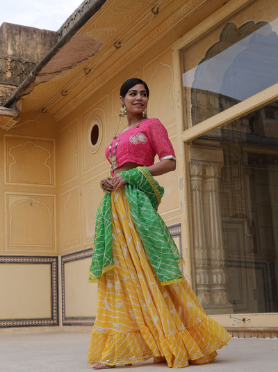 Yellow Leheriya Print Lehenga Choli With Dupatta