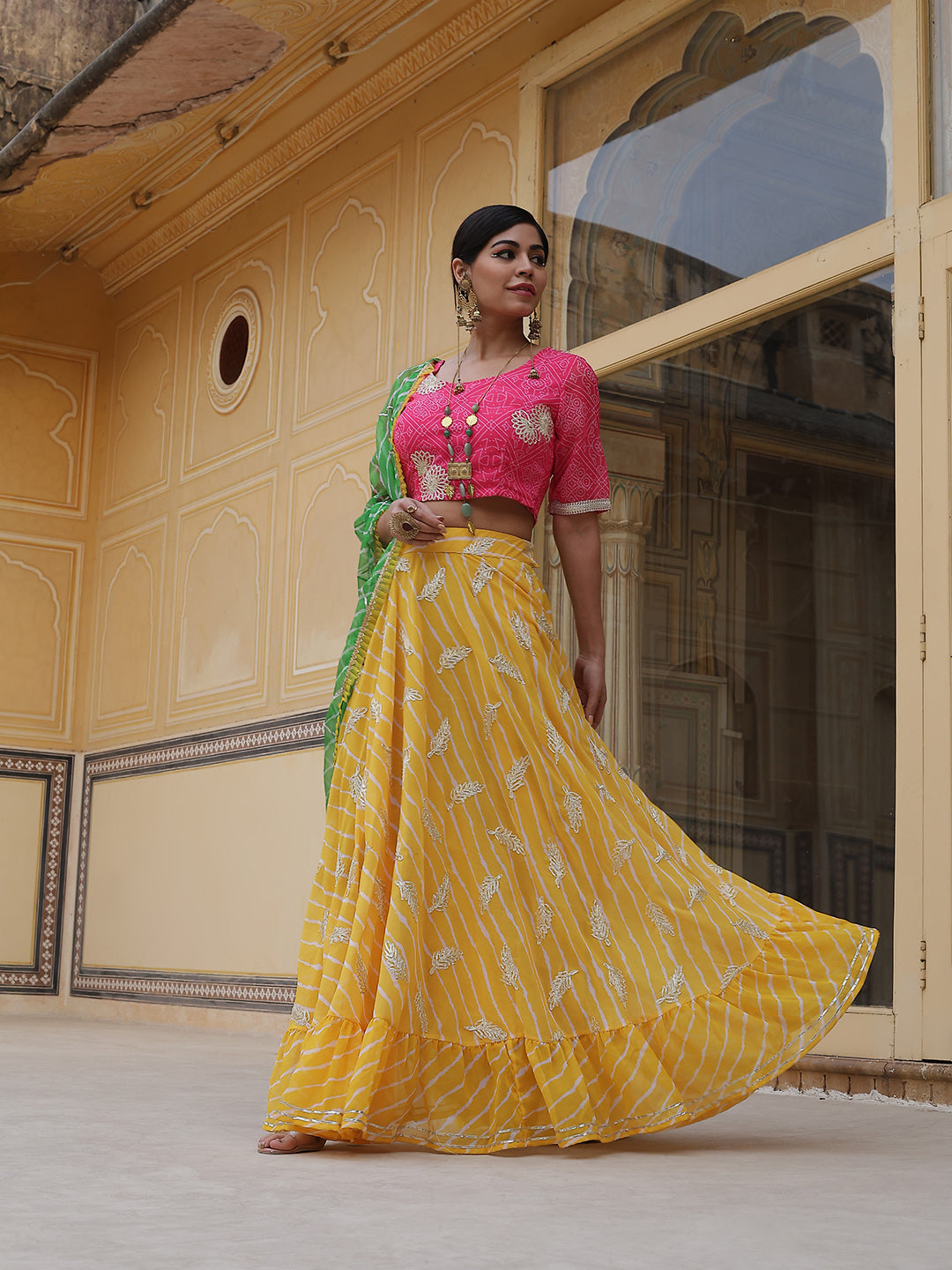 Yellow Leheriya Print Lehenga Choli With Dupatta