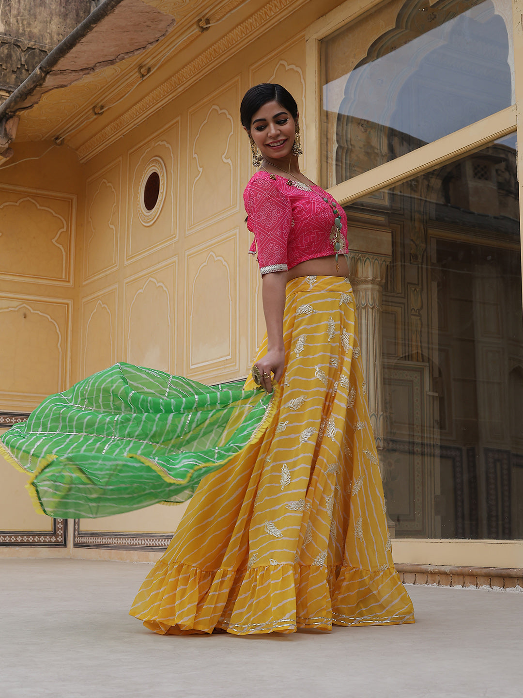 Yellow Leheriya Print Lehenga Choli With Dupatta