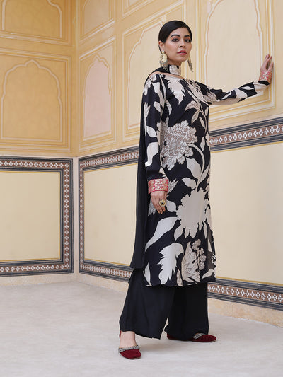 Black Floral Print Kurta Palazzo With Dupatta