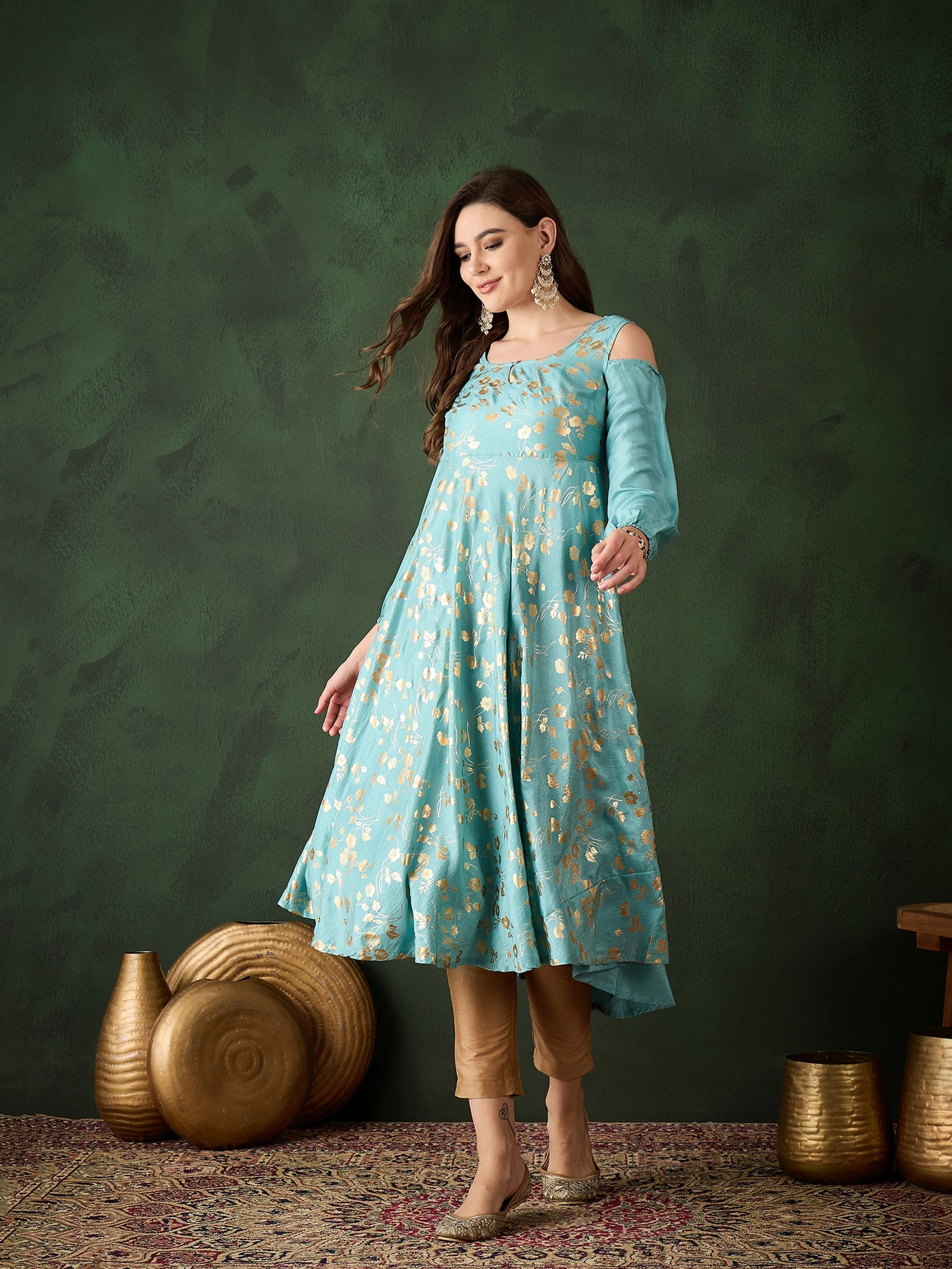 Pastel Blue Foil Print Flared Anarkali