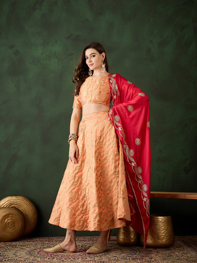 Peach Jacquard Lehenga Choli With Dupatta