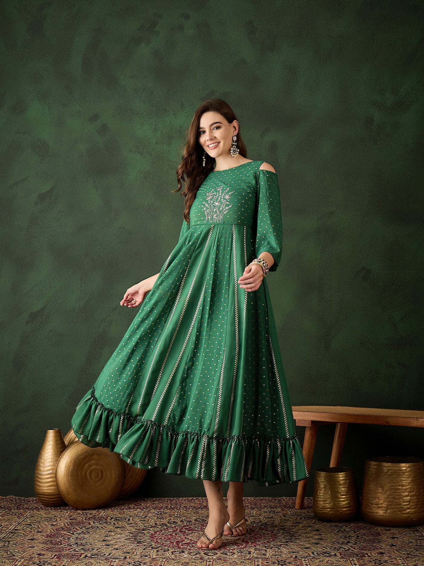 Dark Green Embroidered Flared Maxi Dress