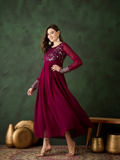 Burgundy Sequence Work Flared Maxi Dress