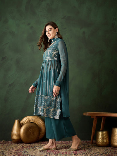 Teal Embroidered Nyra-Cut Kurta Palazzo With Dupatta