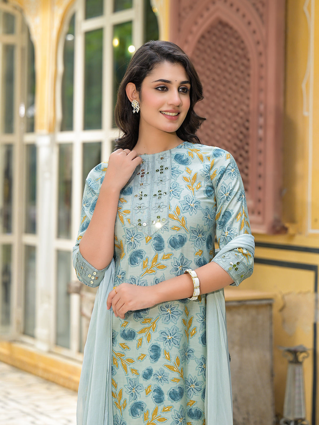 Dusty Blue Floral Kurta Set With Dupatta