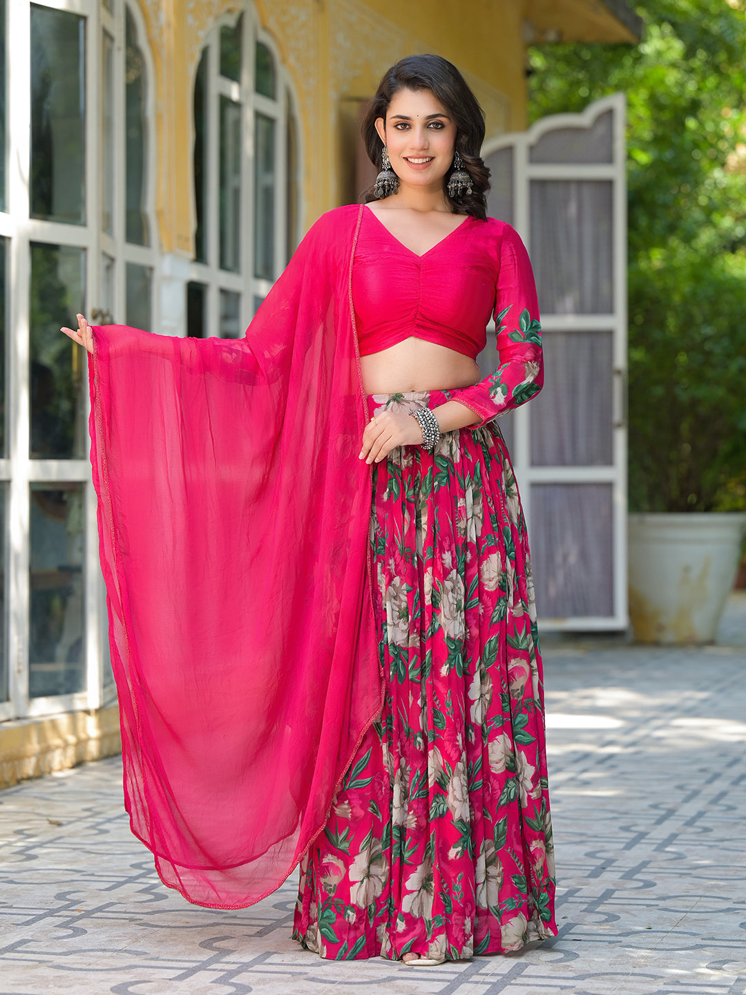 Magenta Floral Print Chinnon Lehenga Choli