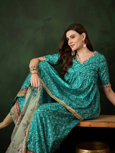 Green Bandhani Print Kurta Sharara With Dupatta