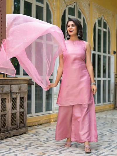 Blush Pink Sleevessless Kurta Sharara With Organza Sequinned Dupatta