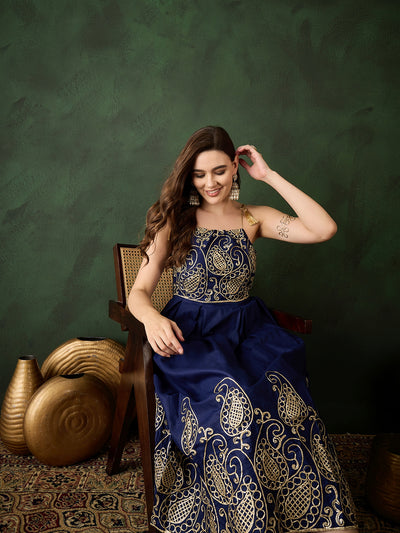 Navy Blue Embroidered Flared Maxi Dress