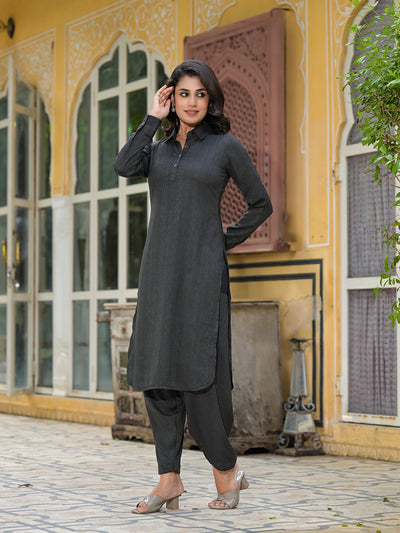 Black Self Design Pathani Kurta