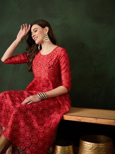 Red Geometric Print Anarkali