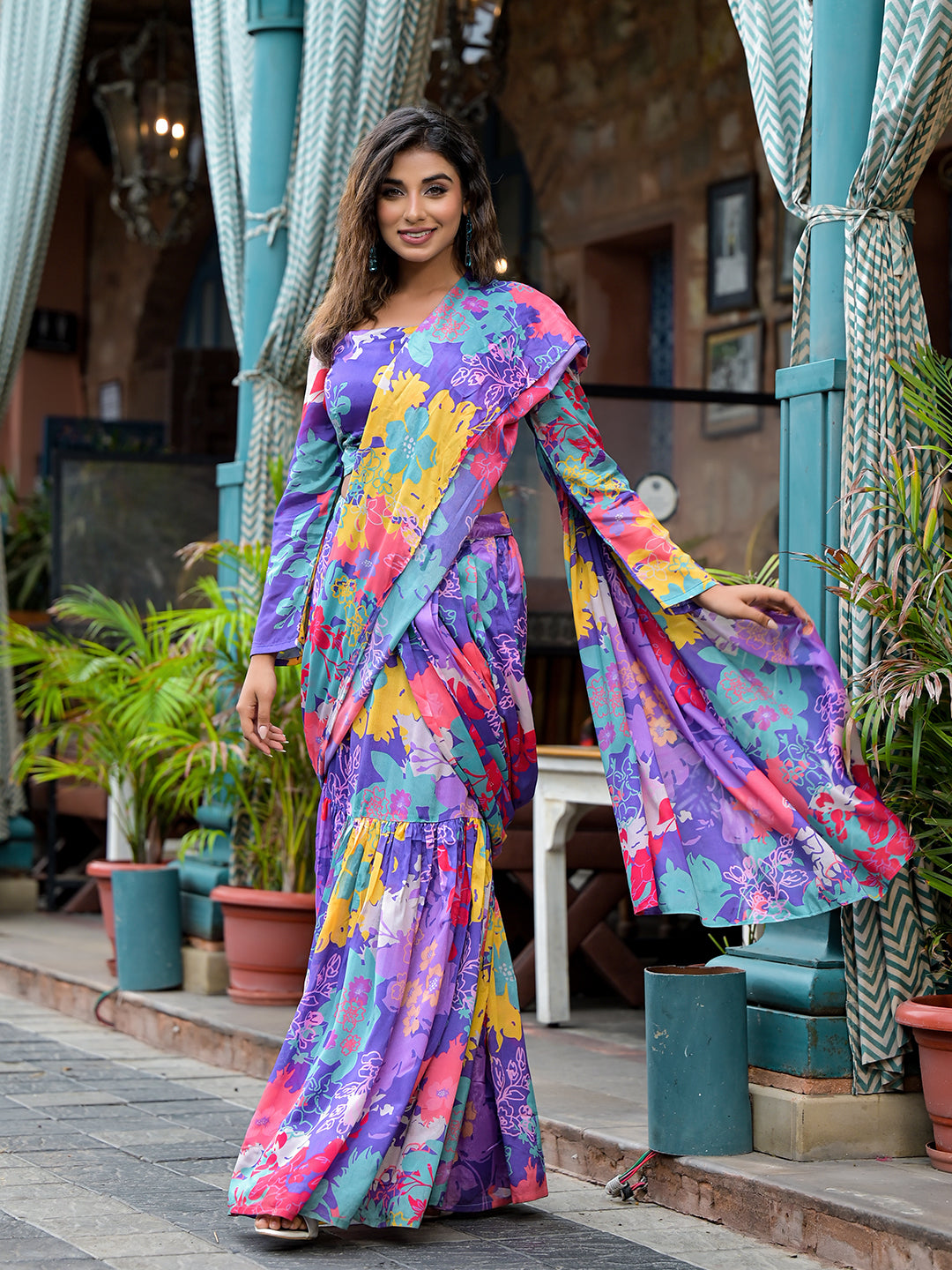 Purple Digital printed Ready To Wear Saree