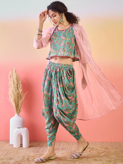 Light Blue Floral Print Dhoti Co-Ord Set With Jacket