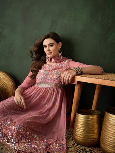 Pink Embroidered Nyra-Cut Kurta Palazzo With Dupatta